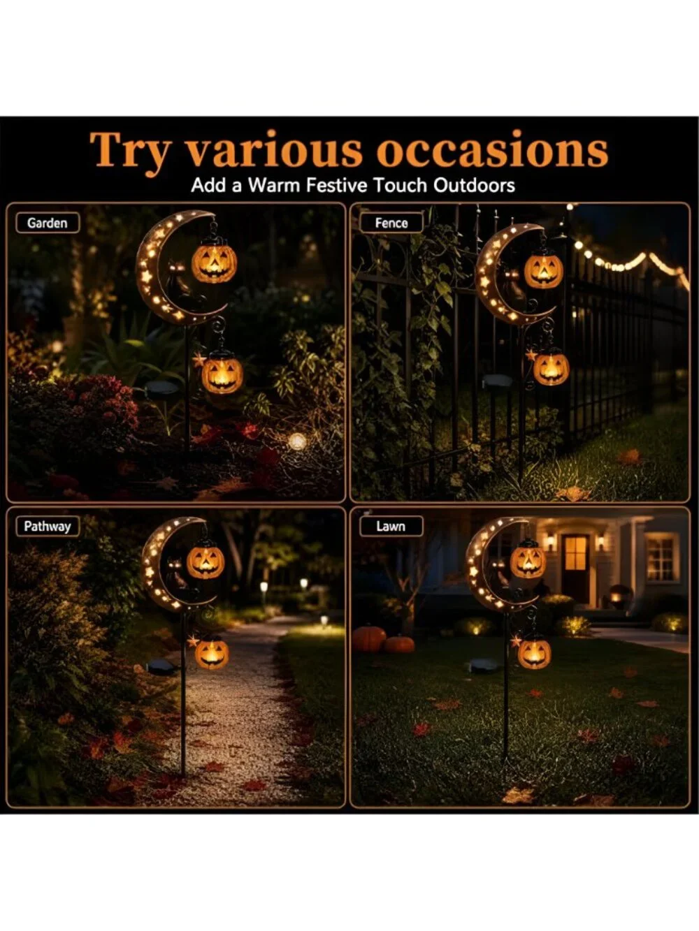 Solar Halloween Black Cat & Pumpkin Moon Garden Stake Light, Jack-o'-Lantern